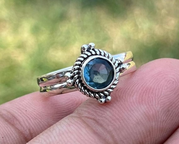 Bague En Argent Sterling 925 Avec Topaze Bleue De Londres - Pierre Naturelle Ronde, Fait Main - Neuf