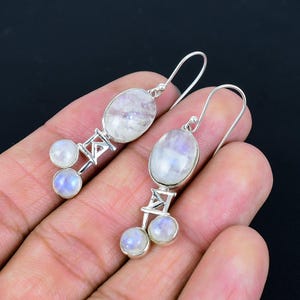 925 Solid Sterling Silver Earrings/Natural Moonstone Earrings/Daily wear Earrings/Drop Dangle Gemstone Earrings/Perfect Gift For Her.