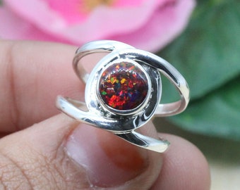 925 Silver Ring / Red Opal Doublet / Anniversary Ring / Women's Rings Bands / Promise Ring / Round red opal / Customized ring size J TO Z