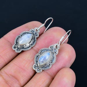 925 Solid Sterling Silver Earrings/Natural Moonstone Earrings/Daily wear Earrings/Drop Dangle Gemstone Earrings/Perfect Gift For Her.