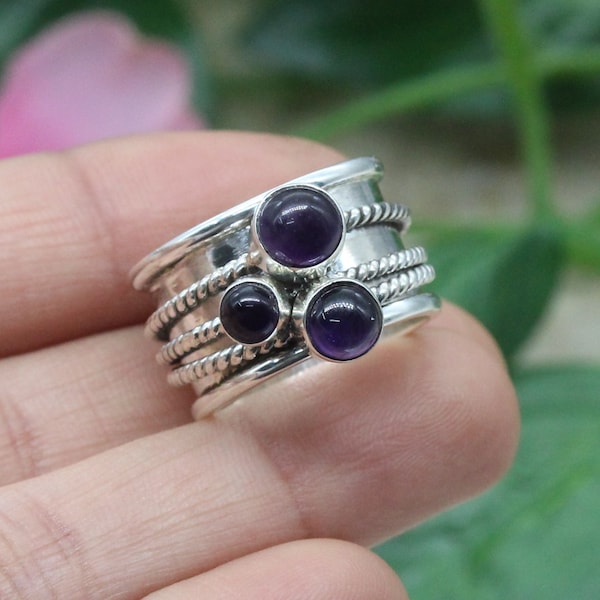 925 Silver Ring / Amethyst / Spinner Meditation Ring / Promise Rings / Womens Rings Bands / Round Amethyst/ Customized ring size J TO Z