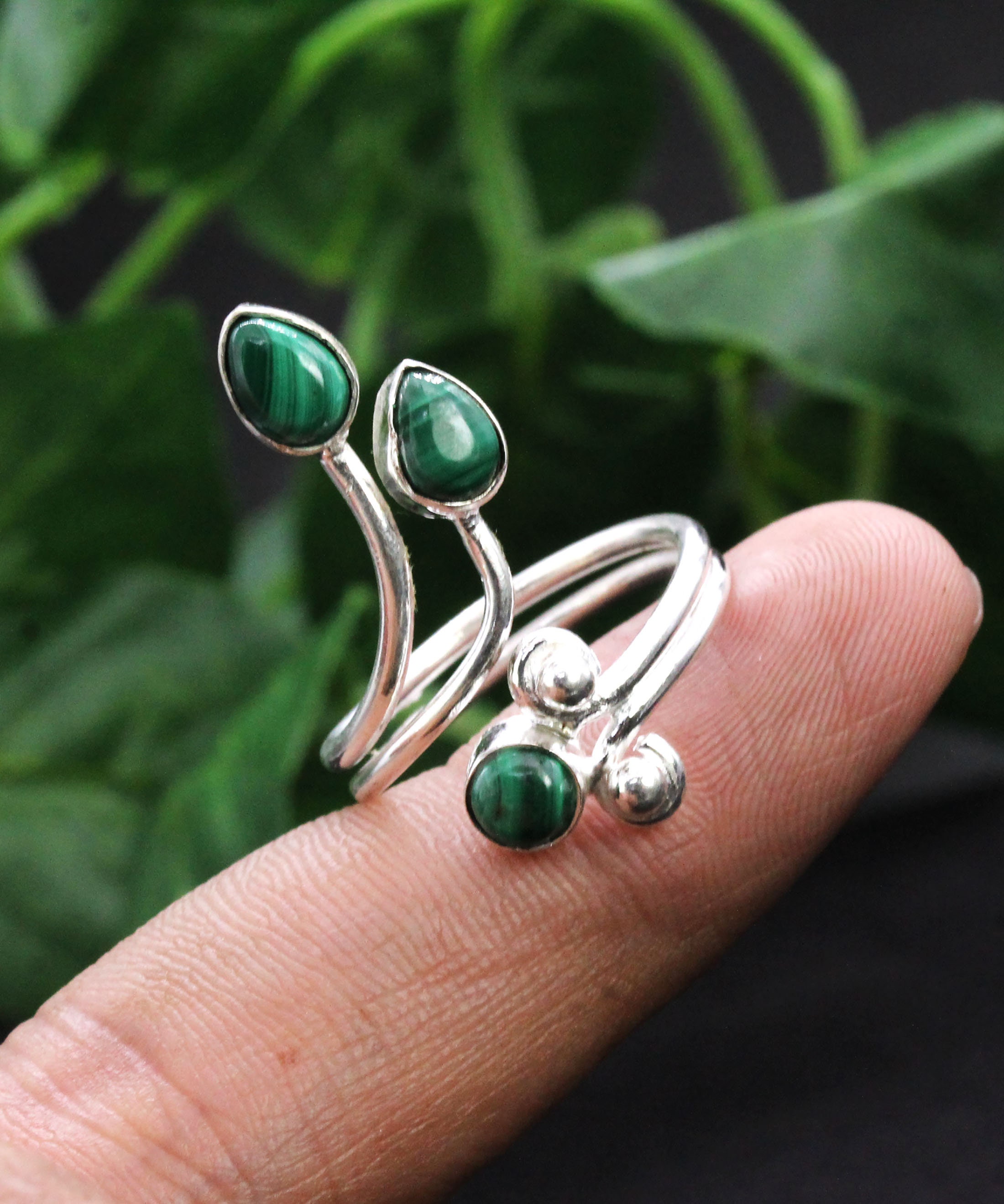 925 Silver Ring, Malachite Ring, Gemstone Ring, Adjustable