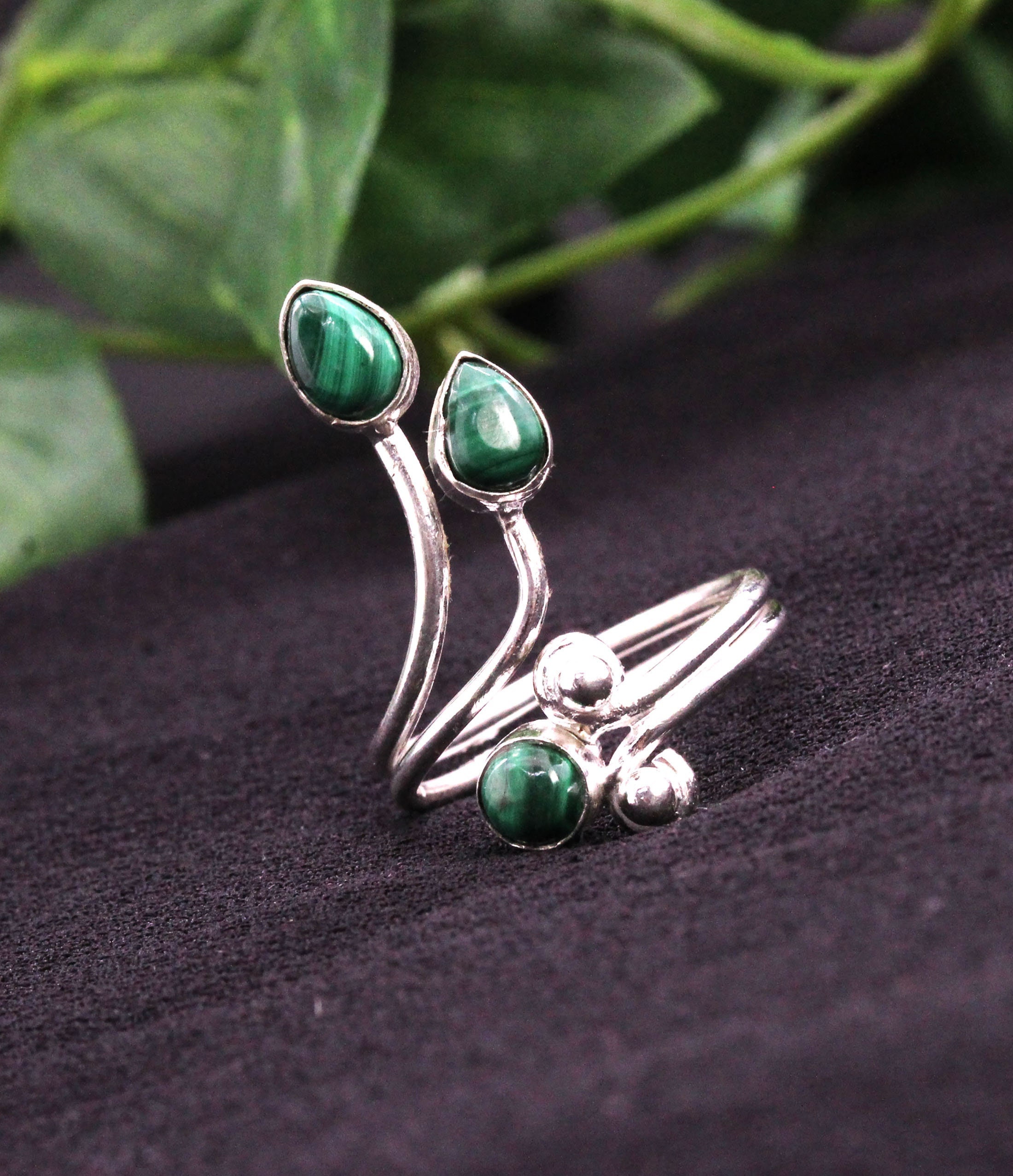 925 Silver Ring, Malachite Ring, Gemstone Ring, Adjustable