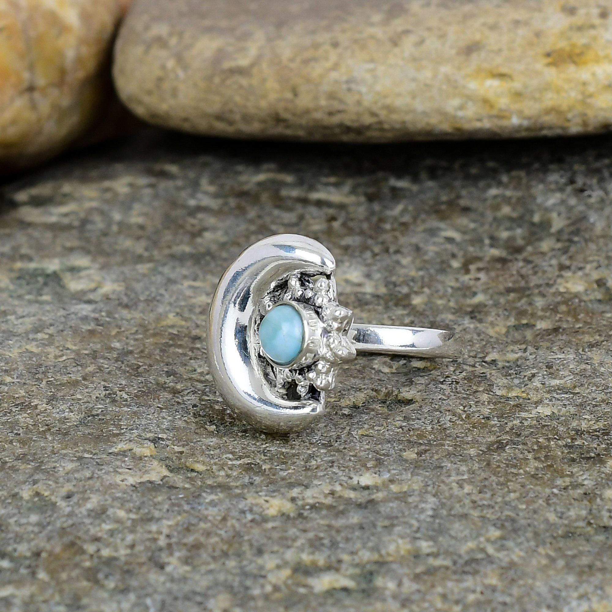 Celestial Larimar Silver Ring, Blue Gemstone Crescent Moon Jewelry