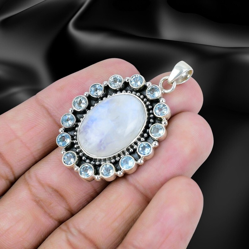 925 Solid Sterling Silver Natural Moonstone and Blue Topaz Pendant