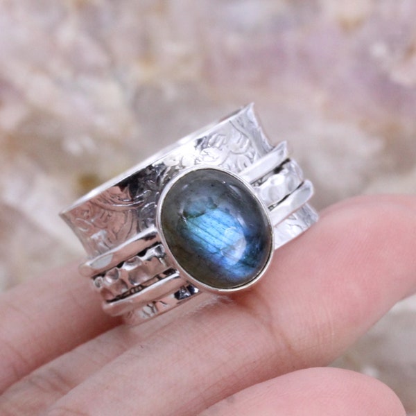 925 Silver Ring, Labradorite Ring, Womens Spinner Band Ring, Wide Band Ring, Meditation Ring, Bohemian Ring, Customized Ring size J TO Z