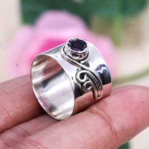 925 Silver Ring, Amethyst Ring, Wide Band Ring, Meditation Boho Ring, Thumb Ring, Designer bands, Women Ring, Customized ring size J TO Z