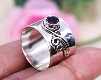 925 Silver Ring, Amethyst Ring, Wide Band Ring, Meditation Boho Ring, Thumb Ring, Designer bands, Women Ring, Customized ring size J TO Z