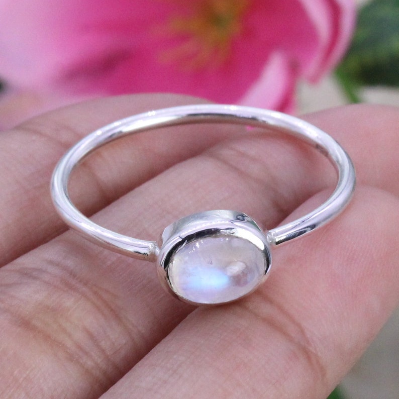 925 Silver Ring/ Rainbow Moonstone/ Midi Stacking Ring/ Women's Ring Band/ Daily wear ring/ Oval Moonstone / Customized ring size J-Z image 3