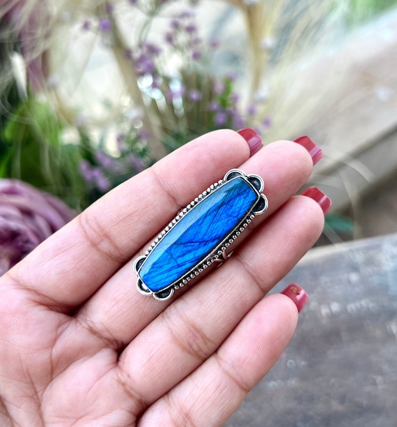 Silver Labradorite Ring, Big Rectangle Gemstone Jewellery Gift