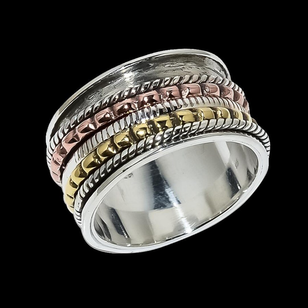 Sterling Silver Wide Band Spinner Ring - Multi Metal Meditation Fidget ...