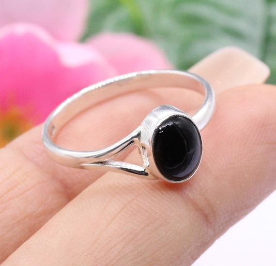 Silver Black Onyx Ring, Oval Gemstone Band Jewellery Gift/ Silver