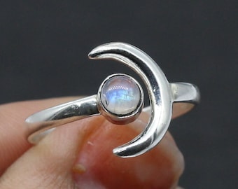 925 Silver Ring / White Moonstone/ Crescent Moon Ring / Womens Rings Bands / Adjustable ring / Round moonstone / Customized ring size J TO Z