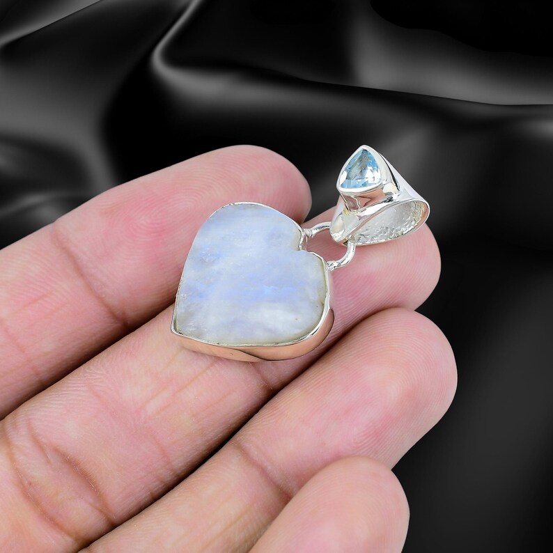 925 Solid Sterling Silver Natural Moonstone and Blue Topaz Pendant