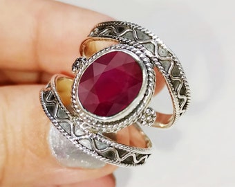 Oval Ruby Ring,   Silver, Birthstone Jewelry Jewellery Gift/ Silver