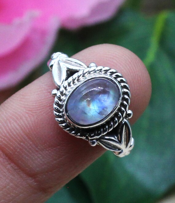 Rainbow Moonstone Ring with Rope and Leaf Design Sterling Silver Rainbow Moonstone Ring with Rope and Leaf Design Sterling Silver