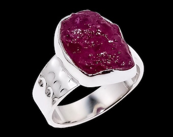 Handmade Raw Ruby Silver Ring, Rough Crystal Jewelry