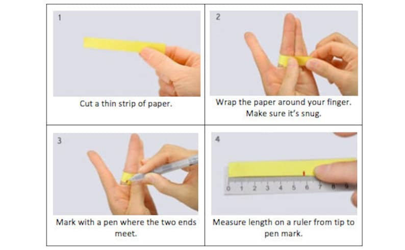 May include: A four-step guide on how to measure your finger for a ring using a strip of paper and a ruler. The steps are numbered 1 through 4.