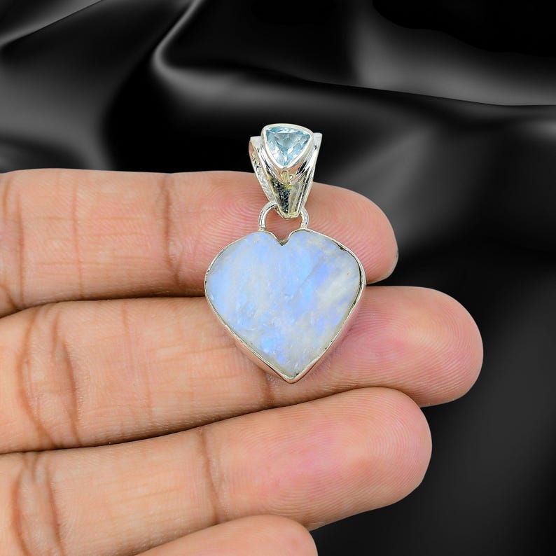 925 Solid Sterling Silver Natural Moonstone and Blue Topaz Pendant