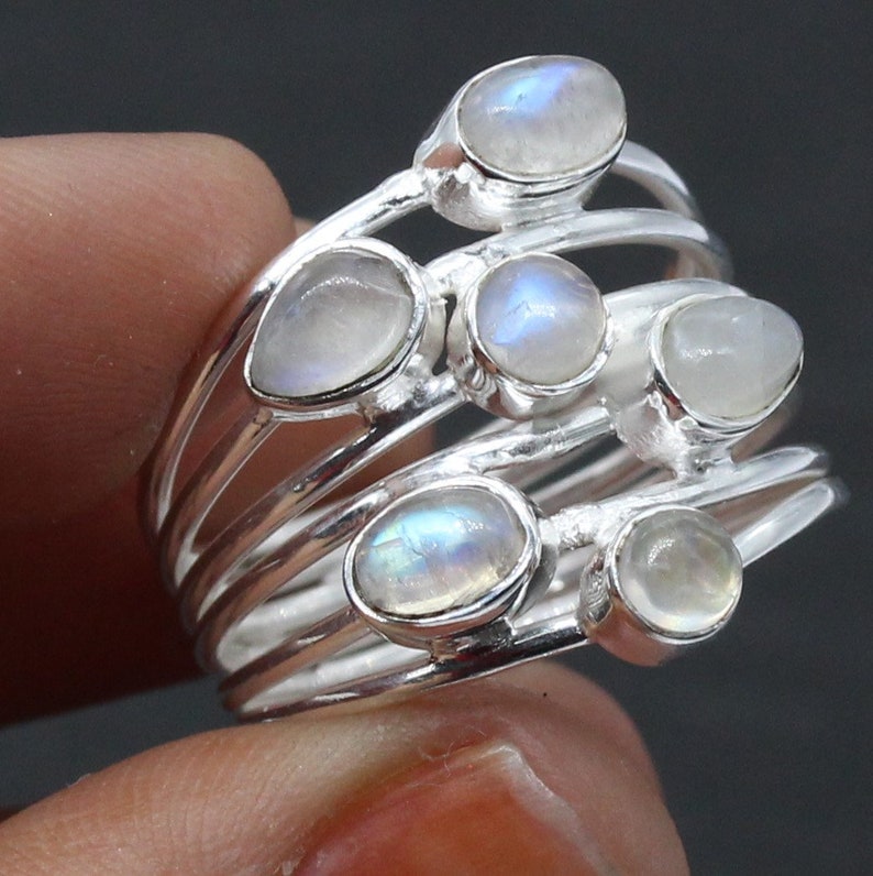 925 Silver Ring / Moonstone/ Multi stone Ring/ stacking ring/ Women's Rings Bands/ Wedding ring / Big huge ring/Customized ring size J TO Z image 4