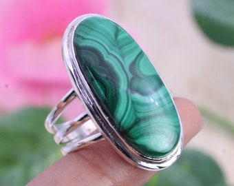 925 Silver Ring / Malachite Ring / Big Oval Ring / Women's Rings Bands / Wedding ring / Malachite Jewelry /Customized ring size J TO Z