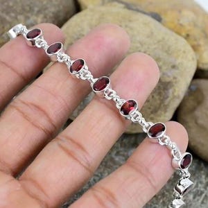 Silver Oval Garnet Bracelet, Bohemian Gemstone Jewelry, 12mm Stones