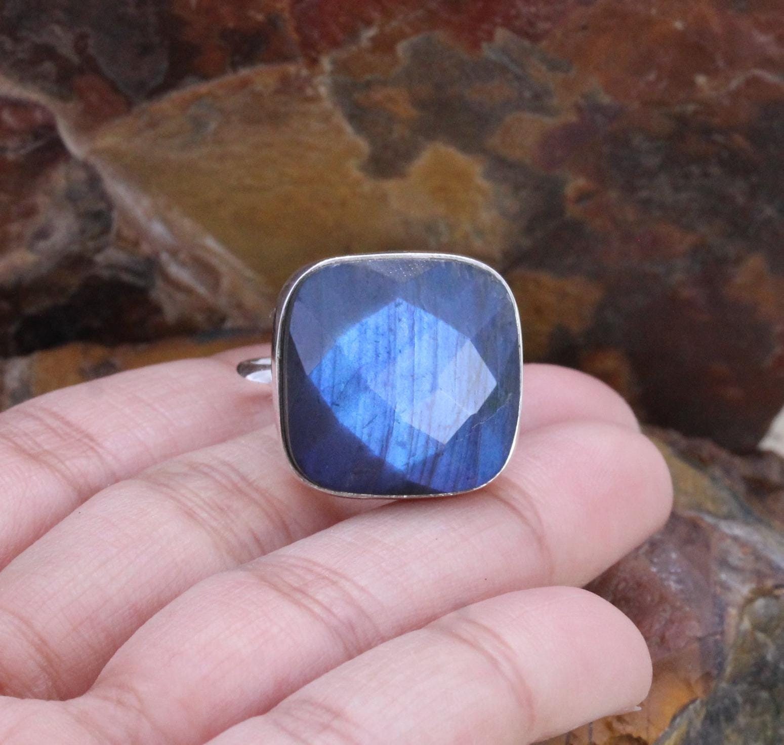 925 Sterling Silver Labradorite Ring/cushion Ring/women's