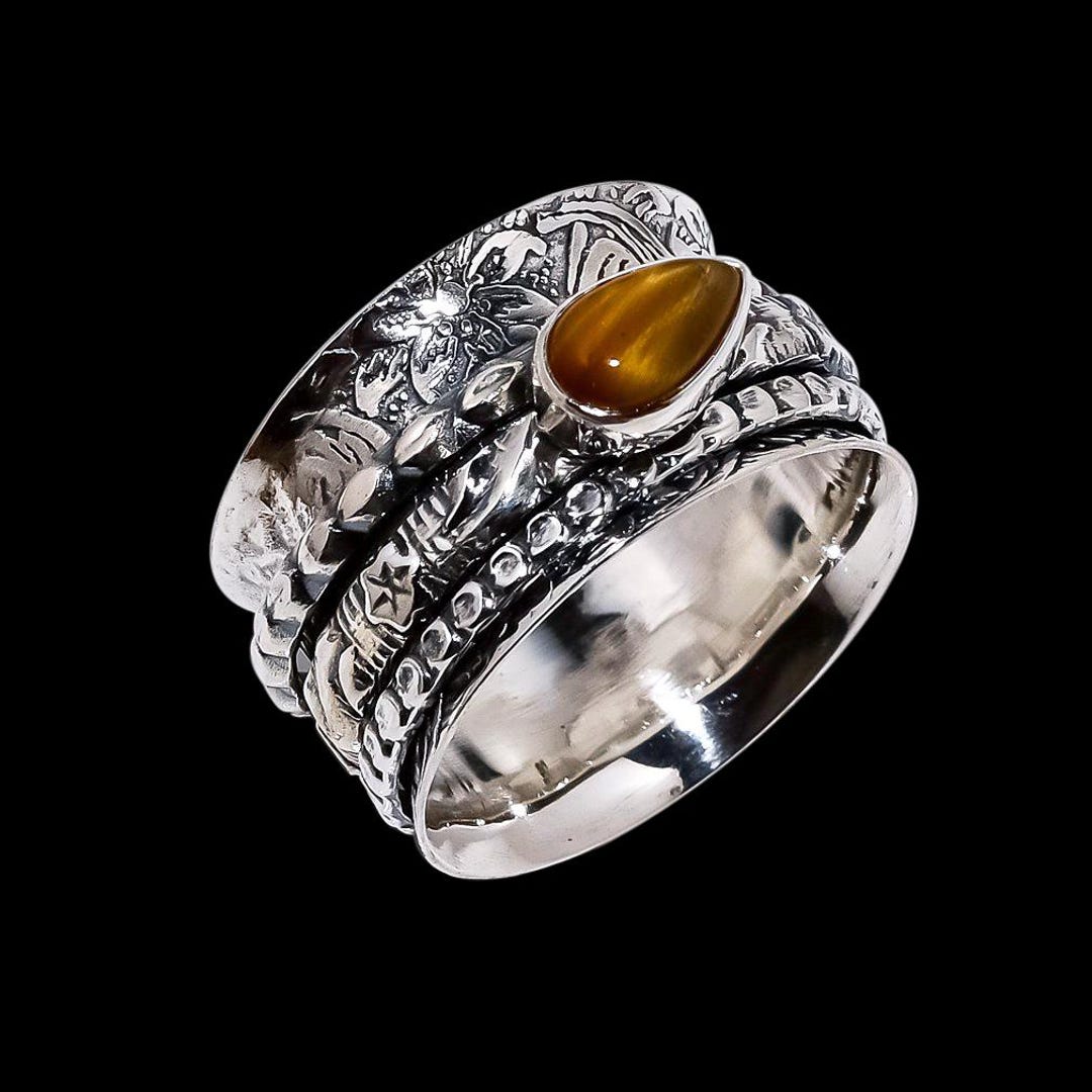 Yellow Tiger Eye Silver Spinner Ring, Pear Gemstone Jewellery Gift