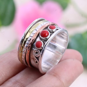 925 Sterling Silver Ring, Red Coral Ring, Spinner Meditation Ring, Wide band ring, Women&#39;s Rings Bands, Customized ring size J TO Z