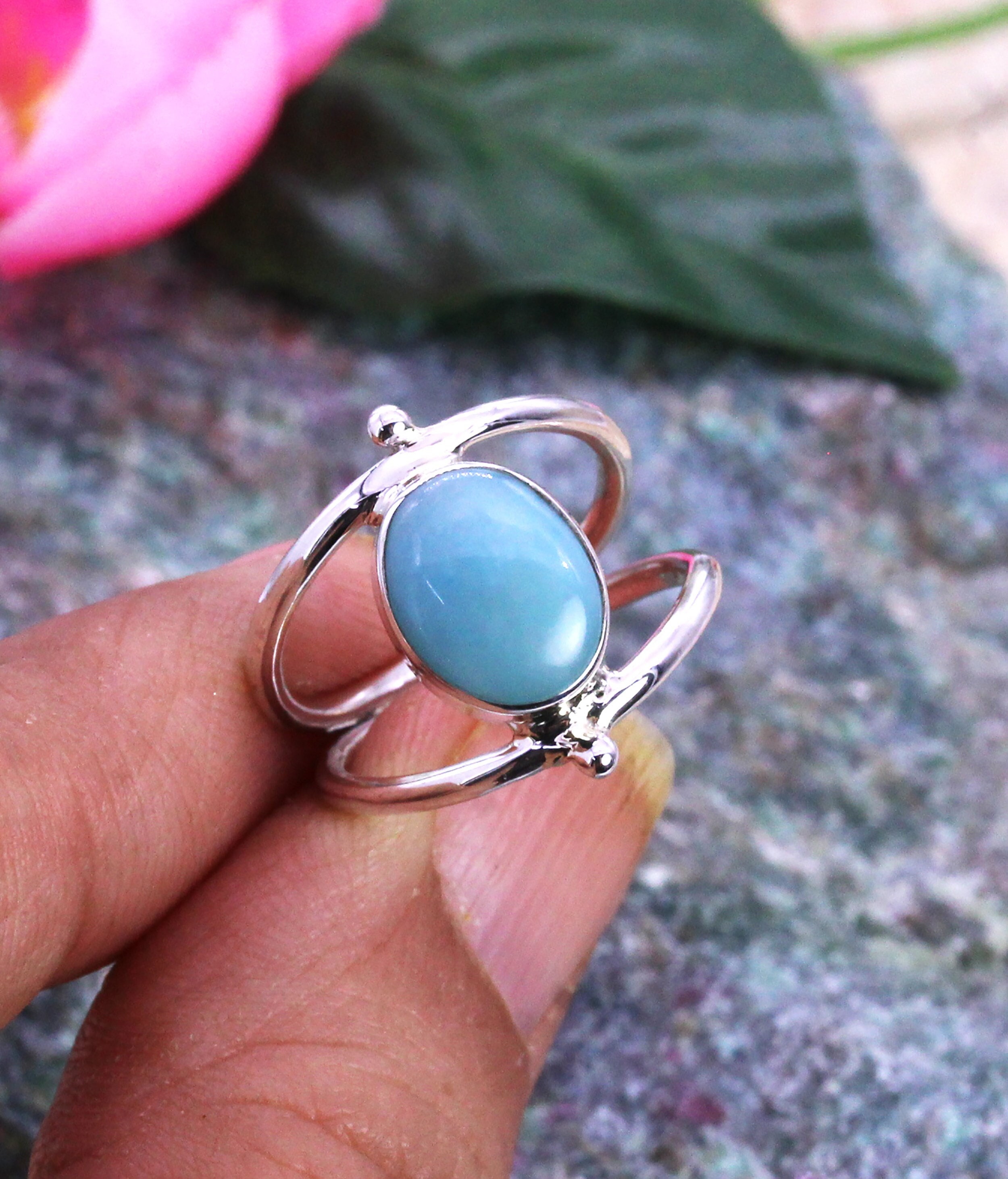Oval Larimar Ring, 925 Sterling Silver Designer Ring Jewellery