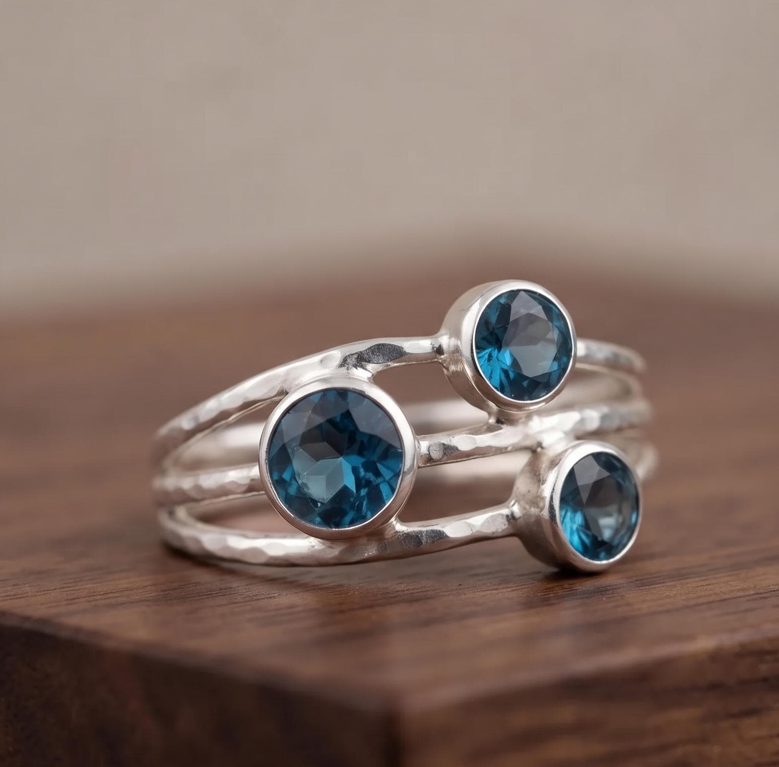 London Blue Topaz Multi-band Ring - Handcrafted Hammered Silver
