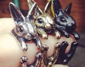 Brand New Cute Rabbit Bunny Vintage Wrap, Black, Bronze, Silver Adjustable Ring, One Size