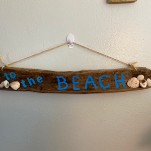 DRIFTWOOD “To The Beach”!  Gorgeous Hand painted Blue-Shells-Tons of Character- BEACH Cottage Sign