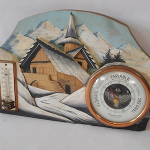 stunning hand made and hand painted vintage French wall mountable shaped wooden barometer