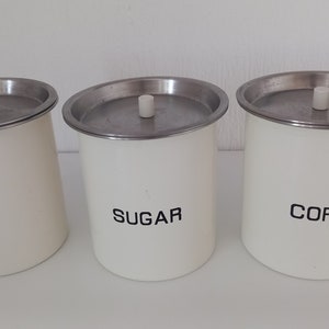 set of 3 enamelled lidded kitchen storage jars / canister