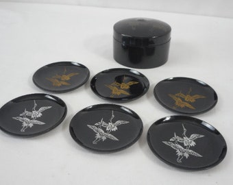 set of 6 vintage round shaped drink coasters and lidded holder