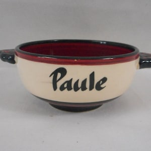 vintage French hand painted ceramic handled bowl / cup with the name Paule