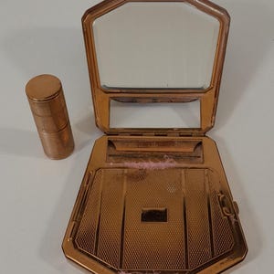 stunning rare vintage French Brass Corona Paris compact mirror and Lipstick holder