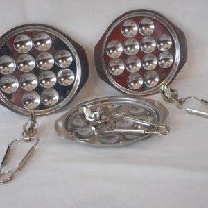 set of 3 vintage French stainless Escargot / snail serving dishes and 3 tongs