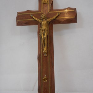 vintage French wood and brass religious crucifix cross / Religious Decor