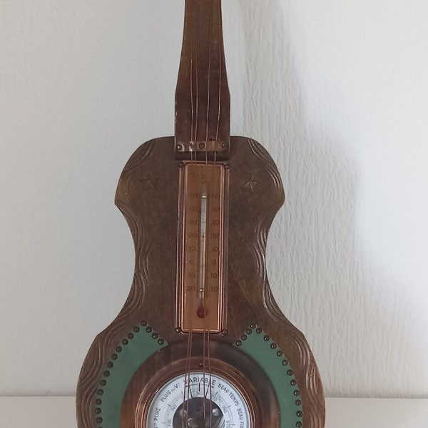 unique collectable vintage French wall mountable Guitar shaped wooden barometer / thermometer