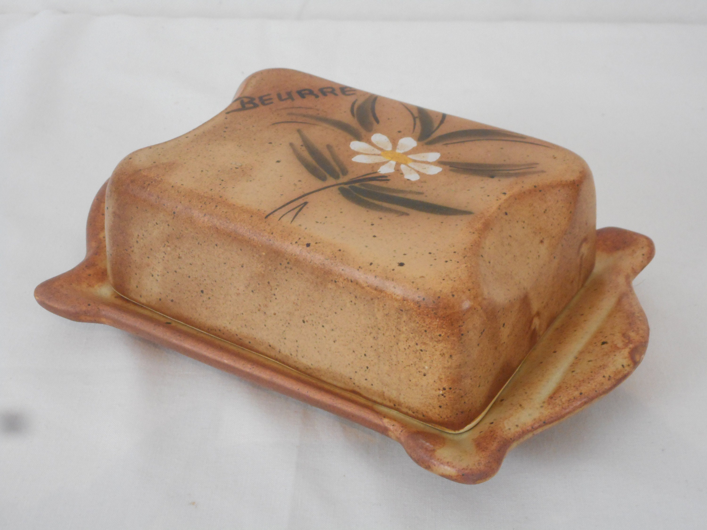 Vintage Français Céramique Peinte à La Main Plat de Beurre Couvercle/Vaisselle Ustensiles Cuisine