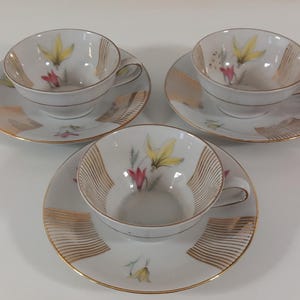 set of 3 vintage German Bavaria porcelain cups & saucers with flower design
