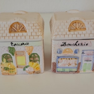 Set of 2 vintage French small ceramic lidded storage jars / kitchenware