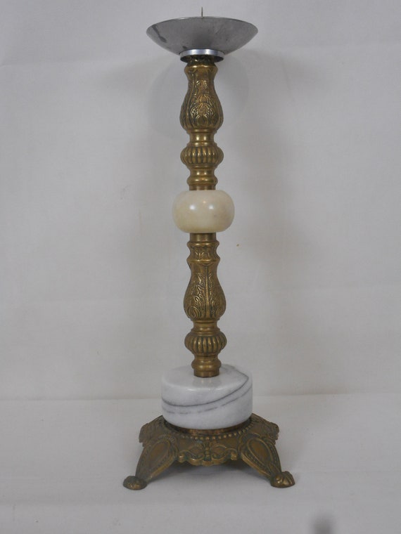 Stunning Vintage French Tall Brass and Marble Candle Holder