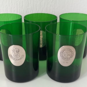 set of 5 vintage Green coloured Glass Whisky Glasses / Barware