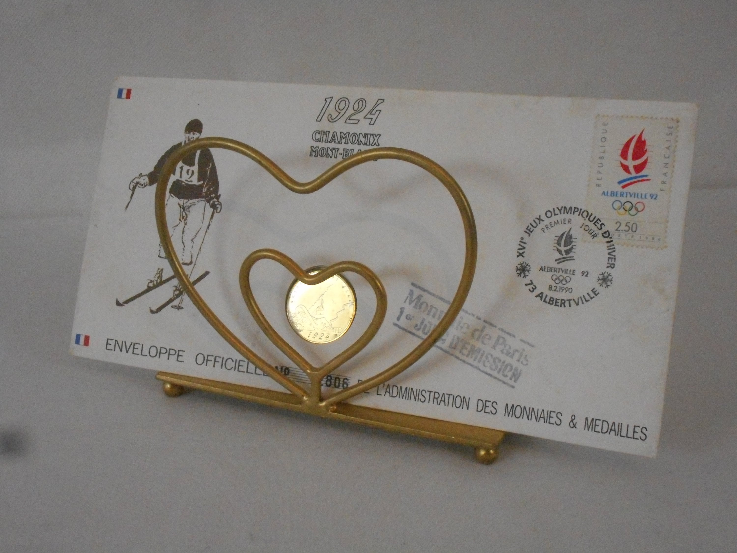 Vintage Français en Métal de Couleur Or en Forme Cœur Décoratif Porte-Lettres/Ornement Porte-Serviet