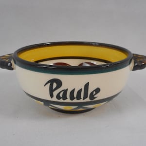 vintage French hand painted ceramic handled bowl / cup with the name Paule