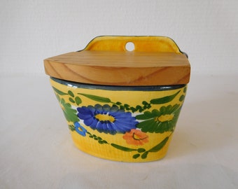 vintage French Hand painted wall mountable ceramic lidded Sel / Salt storage pot