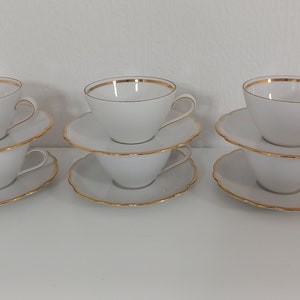 set of 6 vintage West German White & Gold porcelain tea / coffee cups and saucers